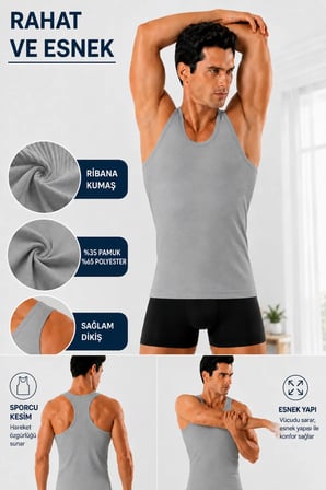 Erkek Sporcu Ribana Atlet 2’li Paket Beyaz ve Siyah Renk Pamuklu Esnek Rahat