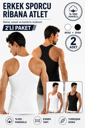 Erkek Sporcu Ribana Atlet 2’li Paket Beyaz ve Siyah Renk Pamuklu Esnek Rahat