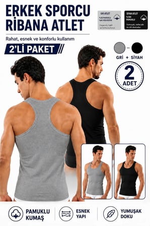 Erkek Sporcu Ribana Atlet 2’li Paket Beyaz ve Siyah Renk Pamuklu Esnek Rahat