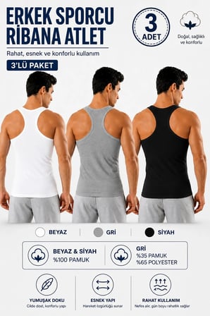 Erkek Sporcu Ribana Atlet 3’lü Paket Siyah Beyaz Gri Pamuklu Esnek Rahat