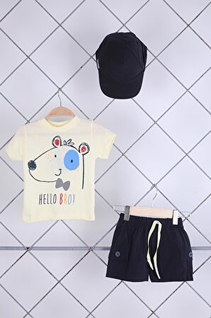 Babyhola 3'lü Tişört Keten Şort Şapka Erkek Bebek Çocuk Bayramlık Alt Üst Takım Elbise 02111