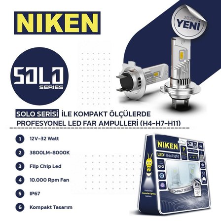 Niken H11 Led Xenon Solo Serisi PGJ19-2 12V 30W 8000K Beyaz 3800 Lümen