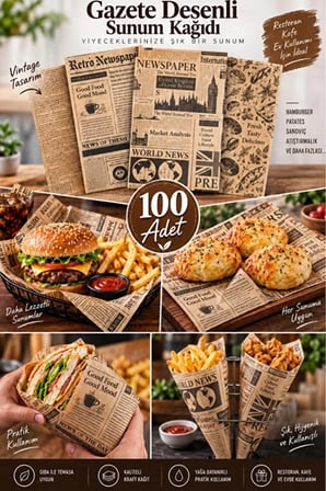 100 Adet Kendinden Desenli Yağlı Kağıt | 100 Adet Vintage Gazete Desen Sunum Kağıdı