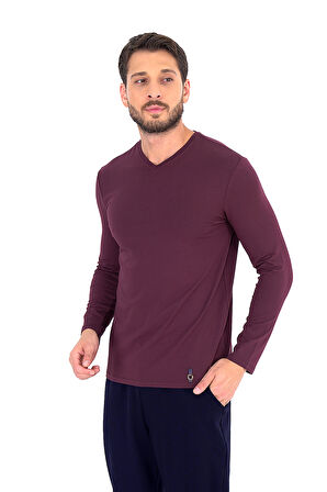 Ds Damat Pamuk Modal V yaka Pijama Takımı BORDO