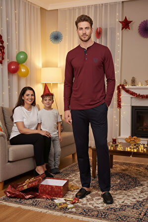 DS Damat Yılbaşı Özel Hediye Kutulu Modal Kumaş Pijama Takımı – Uzun Kollu, Premium, Düğmeli Yaka BORDO