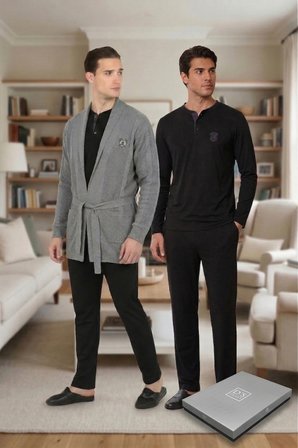d's damat özel kutulu çeyizlik damat bohçası seti - triko robdöşambr, pijama takımı, atlet-boxer set - 3'lü çorap hediyeli si̇yah
