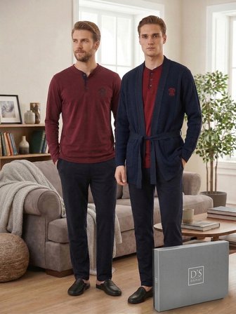 d's damat özel kutulu çeyizlik damat bohçası seti - triko robdöşambr, pijama takımı, atlet-boxer set - 3'lü çorap hediyeli bordo