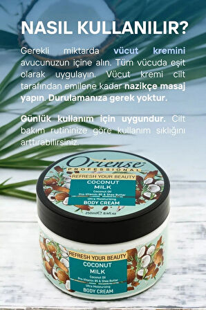 Oriense 250 Ml Vücut Kremi Hindistan Cevizli - Hindistan Cevizi Yağı, Shea Yağı, Gliserin, Pantenol ve Vitamin-E