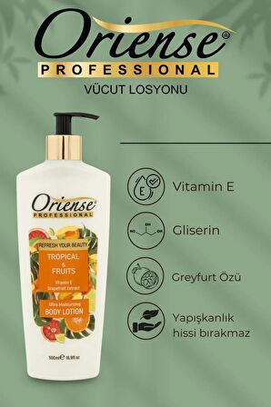 Oriense Tropik Meyveli Vucüt Losyonu - Greyfurt Ekstrakt, Vitamin E ve Gliserin ile Nihai Cilt Bakımı, 500ml