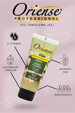 Oriense Monoi & Hawaii Çiçekleri Yüz Temizleme Peeling Jeli, Moringa Yağı ve Kayısı Çekirdeği Özü İçerir