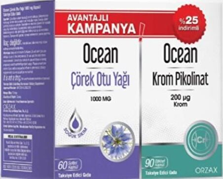 Orzax Ocean Çörek Otu Yağı 60 Kapsül + Krom Pikolinat 90 Kapsül Avantajlı Kampanya