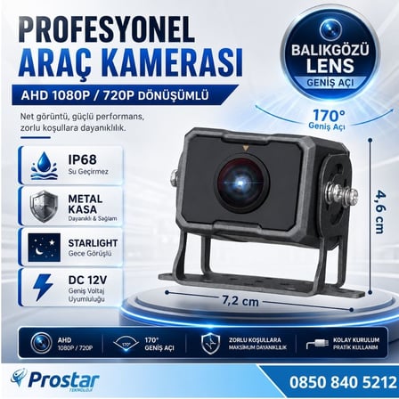 Balıkgözü Geniş Açılı AHD 1080P/720P AHD Profesyonel Araç Kamerası IP68 Metal Kasa