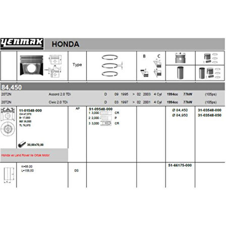 Land Rover Motor Piston+segman Freelander Dizel 2.0 0,50 - Yenmak 31-03548-050