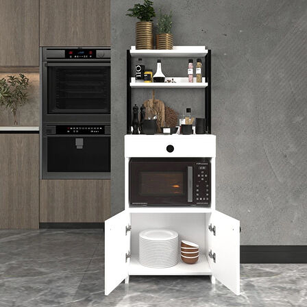 2 Kapaklı Beyaz Çekmeceli Çok Amaçlı Dolap Mutfak Bango Mikrodalga Fırın Mini Fırın Dolabı Alaçatı