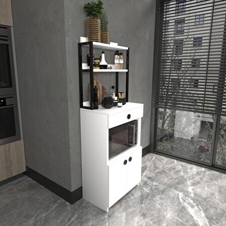 2 Kapaklı Beyaz Çekmeceli Çok Amaçlı Dolap Mutfak Bango Mikrodalga Fırın Mini Fırın Dolabı Alaçatı