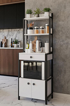 Beyaz Çekmeceli 2 Kapaklı Çok Amaçlı Dolap Mutfak Bangosu Mikrodalga Fırın Mini Fırın Dolabı Kahve Köşesi