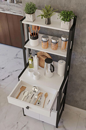 Beyaz Çekmeceli 2 Kapaklı Çok Amaçlı Dolap Mutfak Bangosu Mikrodalga Fırın Mini Fırın Dolabı Kahve Köşesi