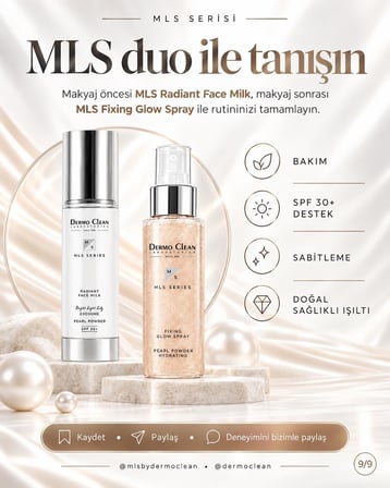 MLS RADIANT FACE MILK SPF 30+ EKSOZOMLU BARİYER DESTEKLEYİCİ YÜZ SÜTÜ 50 ML +  FIXING GLOW SPRAY MAKYAJ SABİTLEME SPREYİ 100 ML