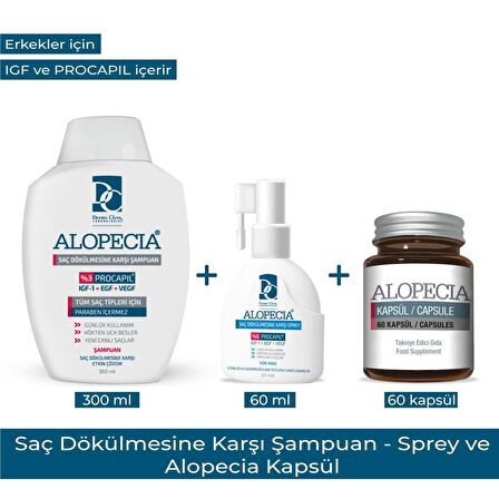 ALOPECIA PROCAPIL VE IGF İÇERIKLİ ŞAMPUAN & SPREY & 60 KAPSÜL SETİ(ERKEK)