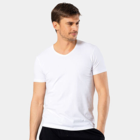 Cacharel Erkek V Yaka Likralı T-shirt 1332/Beyaz