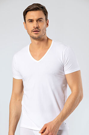 Cacharel Erkek Derin V Yaka Likralı T-shirt 1306/Beyaz