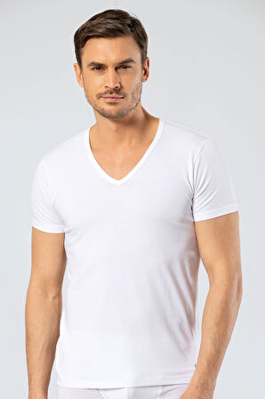 Cacharel Erkek Derin V Yaka Likralı T-shirt 1306/Beyaz