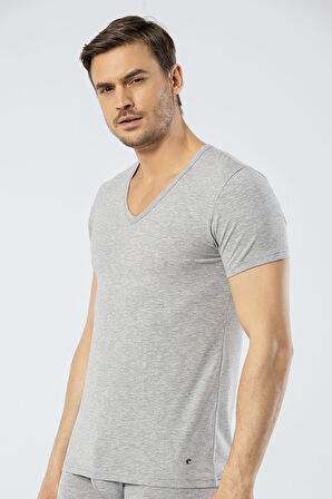 Cacharel Erkek Derin V Yaka Likralı T-shirt 1306/Gri