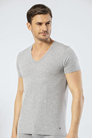 Cacharel Erkek Derin V Yaka Likralı T-shirt 1306/Gri