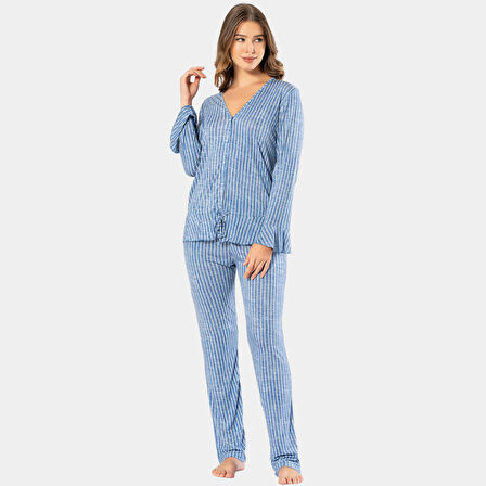 Türen Kadın Çizgili Uzun Kollu V Yaka Düğmeli Pijama Takım 3325