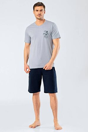 Cacharel Erkek Baskılı V Yaka Bermuda Şort Pijama Takım