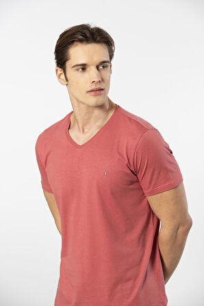 Cacharel Erkek V Yaka T-shirt 2170/Mercan