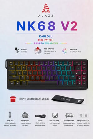 Nacodex NK68V2 Hot Swap Kablolu Mekanik Oyun Klavyesi- Red Switch-Bilek Askılı