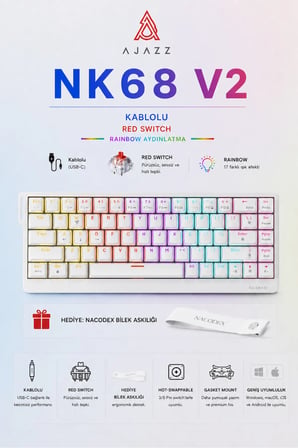 NK68V2 Hot Swap Kablolu Mekanik Oyun Klavyesi- Red Switch-Bilek Askılı-Rainbow Aydınlatma