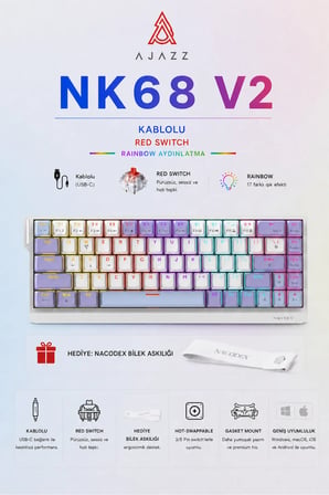 NK68V2 Hot Swap Kablolu Mekanik Oyun Klavyesi- Red Switch-Bilek Askılı