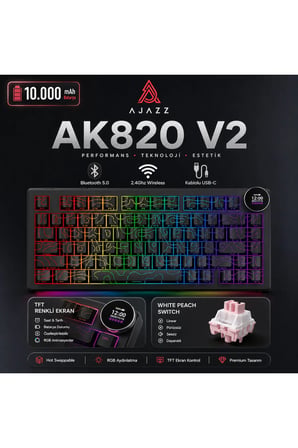 Ak820 V2 Ekranlı, Kablosuz Mekanik Oyun Klavyesi-10.000 Mah Batarya