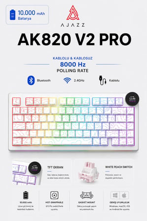 Ak820 V2 Pro 8K+8K Ekranlı Mekanik Oyun Klavyesi-10.000 Mah Batarya