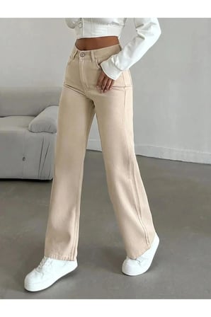 Çnr Kadın Yüksek Bel Krem Salaş Jeans Likralı Esnek Kot Pantolon Yeni Hsn-1