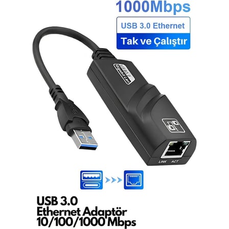 TAPLIN USB 3.0 To Ethernet Dönüştürücü Çevirici Adaptör Gigabit 1000 Mbps