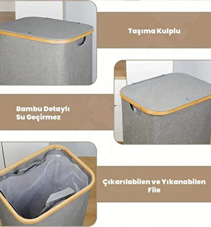 70 Lt Katlanır Kumaş Bambu Çamaşır Sepeti İçi Fileli Kirli Çamaşır Sepeti