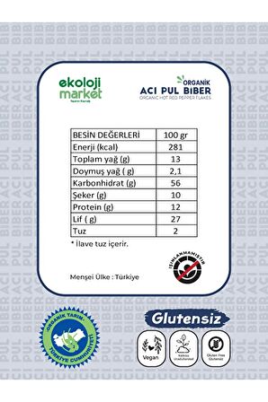 Organik Glütensiz Acı Pul Biber 80 gr