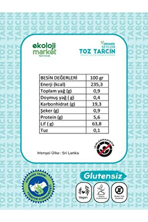 Organik Glütensiz Toz Tarçın 70 gr