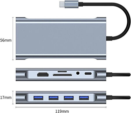 Plentiful TYPE-C Hub 11in1 USB C Docking Station 4K HDMI,VGA,Type C PD,USB3.0,RJ45 Ethernet,SD/TF AUX Macbook Pc Uyumlu Adaptör Çoklayıcı Çevirici Dönüştürücü 