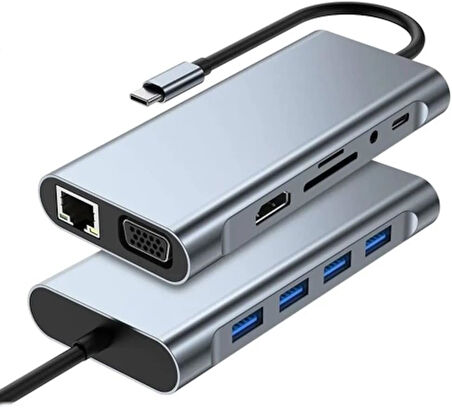 Plentiful TYPE-C Hub 11in1 USB C Docking Station 4K HDMI,VGA,Type C PD,USB3.0,RJ45 Ethernet,SD/TF AUX Macbook Pc Uyumlu Adaptör Çoklayıcı Çevirici Dönüştürücü 