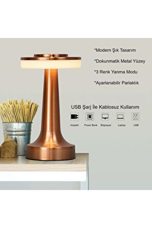 Retro Şarjlı Dekoratif Dokunmatik Metal Masa Lambası 3 Renk Mod Dim Edilebilir