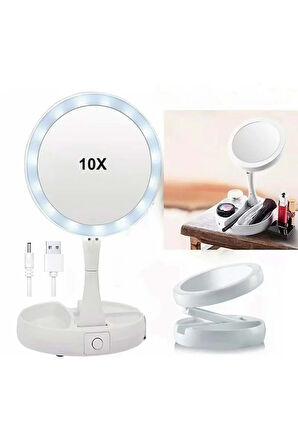 10X Büyütme Çift Taraflı Makyaj Ayna Katlanabilir 21 LED Işıklı Makyaj Aynası USB Kablo