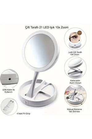 10X Büyütme Çift Taraflı Makyaj Ayna Katlanabilir 21 LED Işıklı Makyaj Aynası USB Kablo
