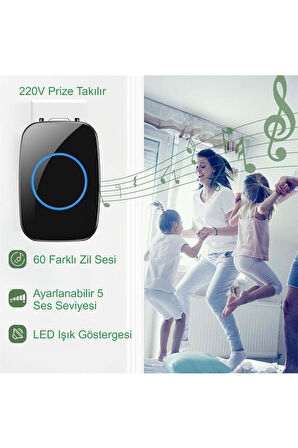  Plentiful 2 Butonlu 1 Alıcılı Kablosuz Kapı Zili Ledli Modern 300metre Menzil 60 Çeşit Zil 5 Zil Sesi