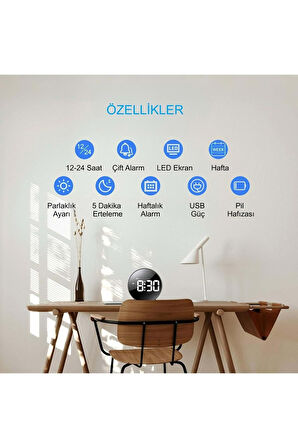 Plentiful Yuvarlak Siyah Dijital LED Masa Saati USB Güç Saat Erteleme Modern Saat