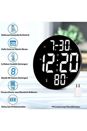 Büyük Dijital Modern 12inç Elektronik Led Duvar Masa Saati Sıcaklık Nem Alarm