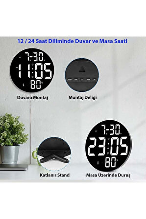 Büyük Dijital Modern 12inç Elektronik Led Duvar Masa Saati Sıcaklık Nem Alarm